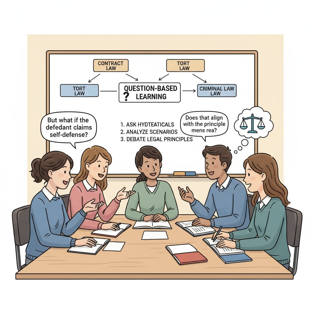 A group of students are sitting around a table, engaged in a discussion. They are using question-based learning to understand legal concepts. Students using question-based learning for law school learning through active recall