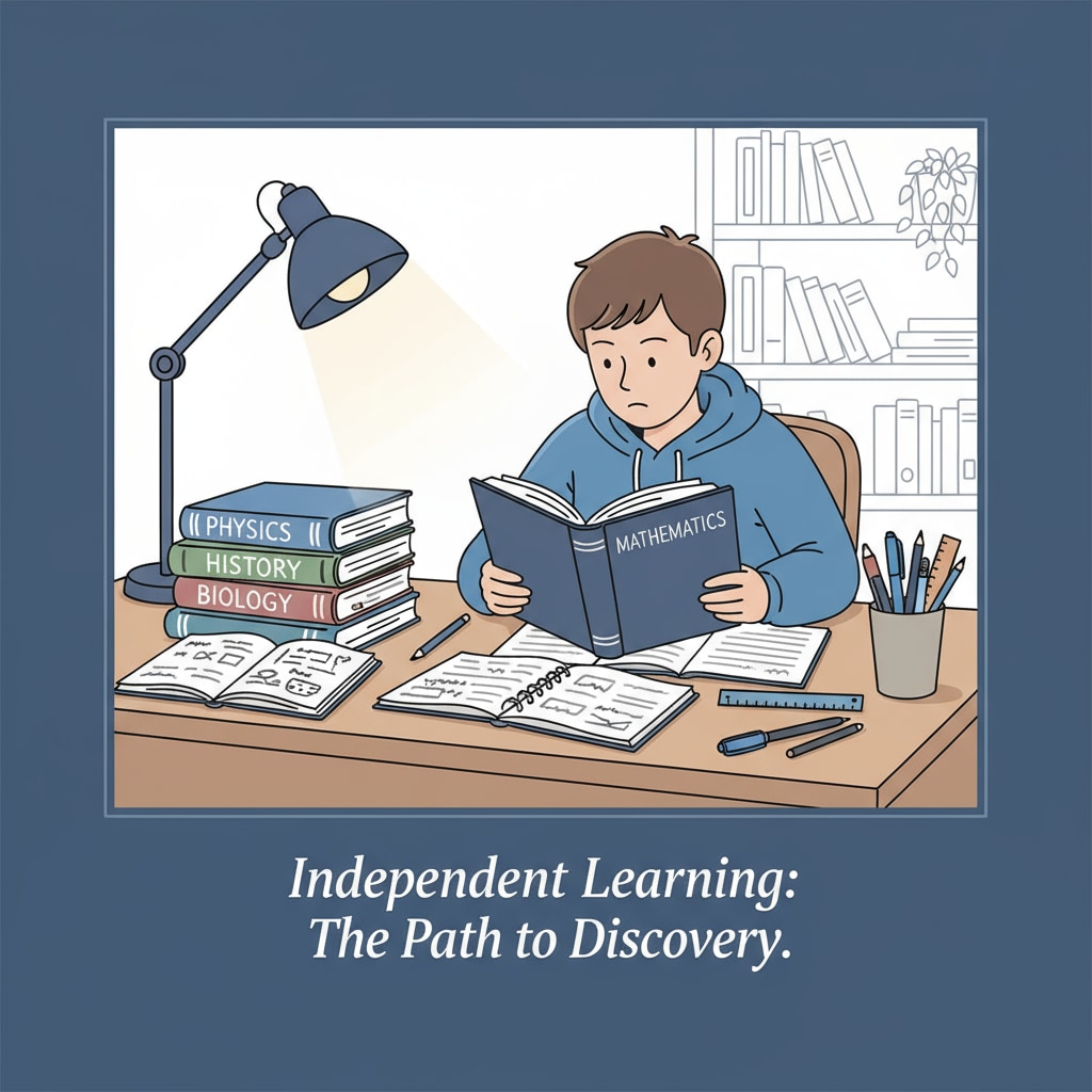 A student is sitting at a study desk. There are books, notebooks, and pens neatly arranged. The student is focused on reading a textbook, showing an independent learning state. A high school student engaged in self-education for better grades and future quality of life