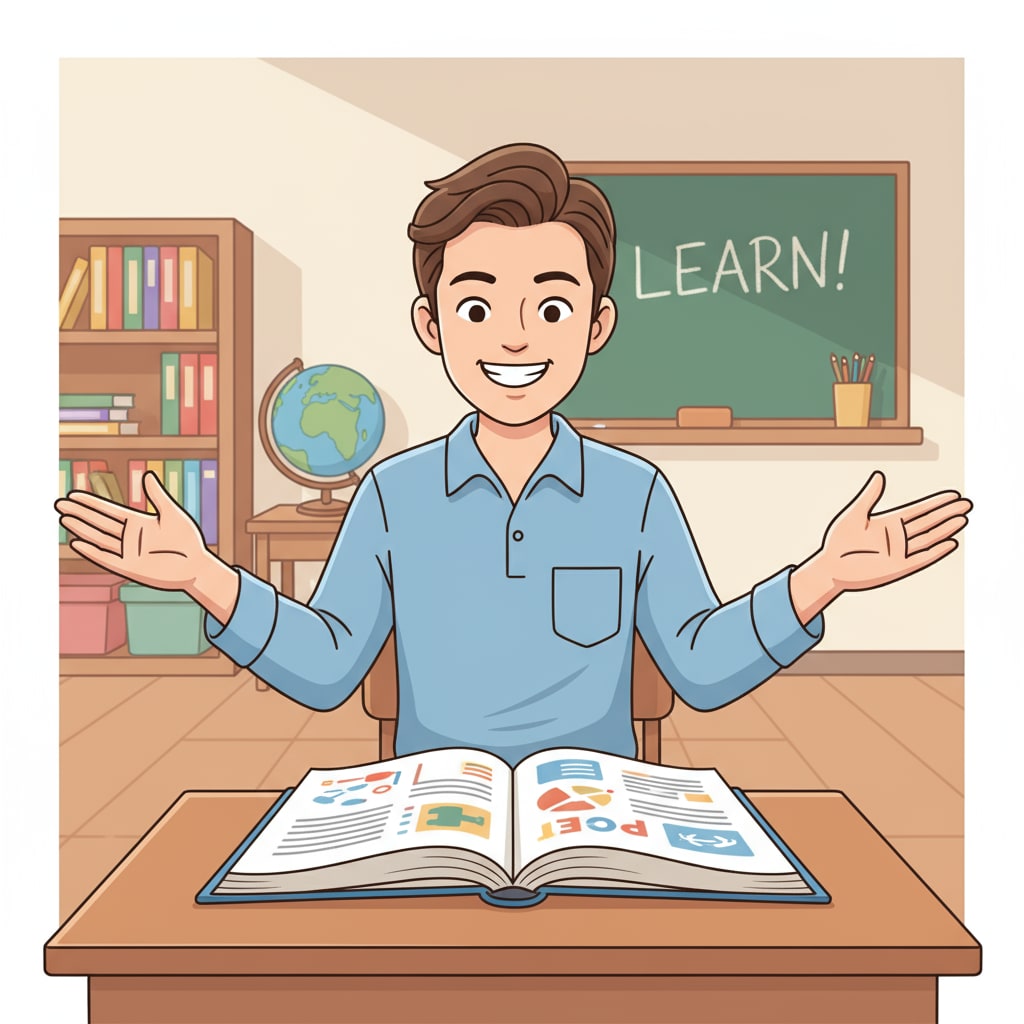 A person with a bright smile is looking at an open book. Their body language indicates an open and positive attitude towards learning. An individual with a growth mindset ready to enhance high school grades through self-education for a better quality of life