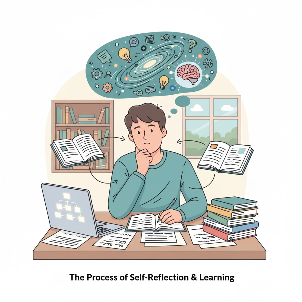 A student is sitting at a desk, deep in thought while studying, representing the process of self-reflection and learning. A student thinking about how to improve high school performance and acquire key skills