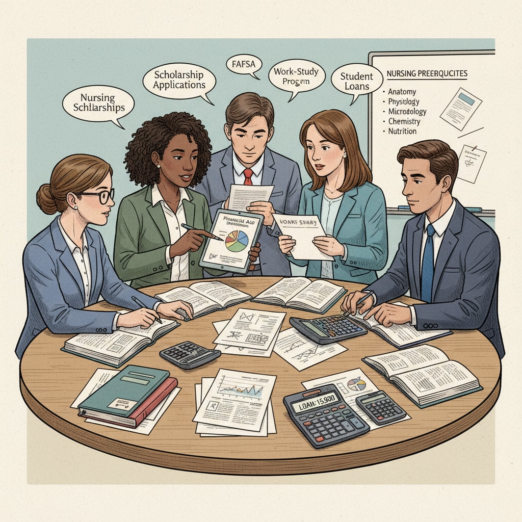 A group of students is sitting around a table, discussing different financial aid options they can consider for their nursing prerequisites. Papers and calculators are spread on the table, indicating their in-depth analysis. Students discussing financial aid options for nursing prerequisites