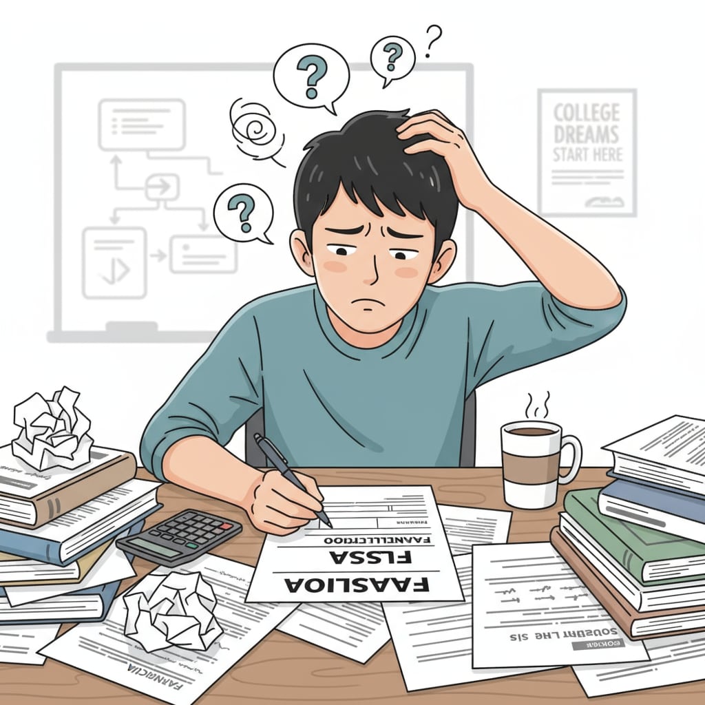 A young student is sitting at a desk, looking worried while filling out a FAFSA form. There are papers scattered around, and a pen is in their hand, highlighting their struggle with the application process. A student looking worried while filling out a FAFSA form