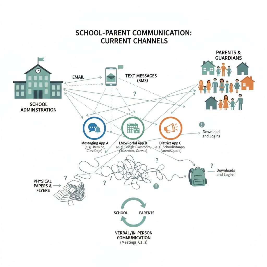 A visual representation of how information is currently spread across different channels in the school-parent communication system, showing emails, text messages, and multiple apps. A diagram depicting the fragmented school-parent communication system
