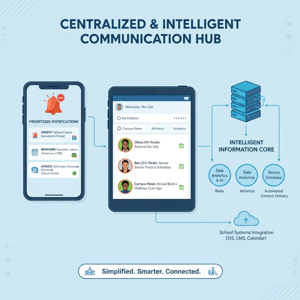 A design mock-up of a proposed centralized and intelligent information management platform for school-parent communication, with features like prioritized notifications and personalized feeds. A mock-up of an improved school-parent communication platform