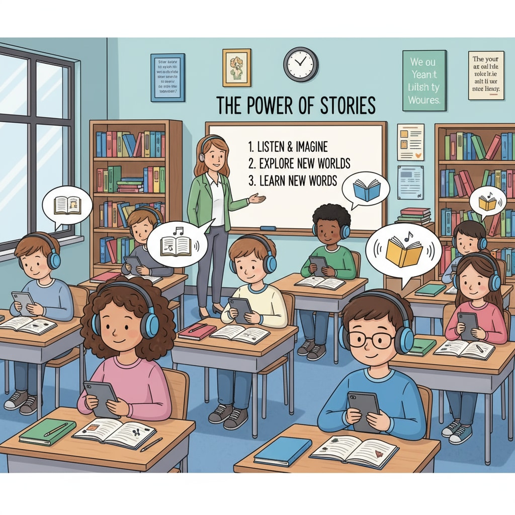Students are sitting in a language arts classroom, wearing headphones and listening intently to audiobooks on their devices. Students listening to audiobooks in a language arts class for enhanced reading fluency