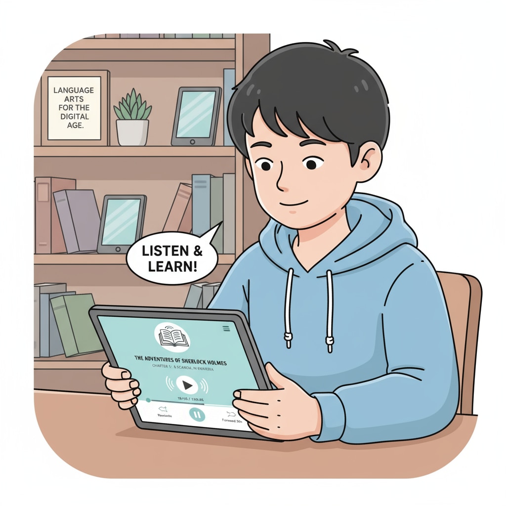 A single student is using a tablet, with an audiobook app open, demonstrating the modern way of engaging with literary content in language arts. A student using a tablet to listen to an audiobook to improve language arts skills