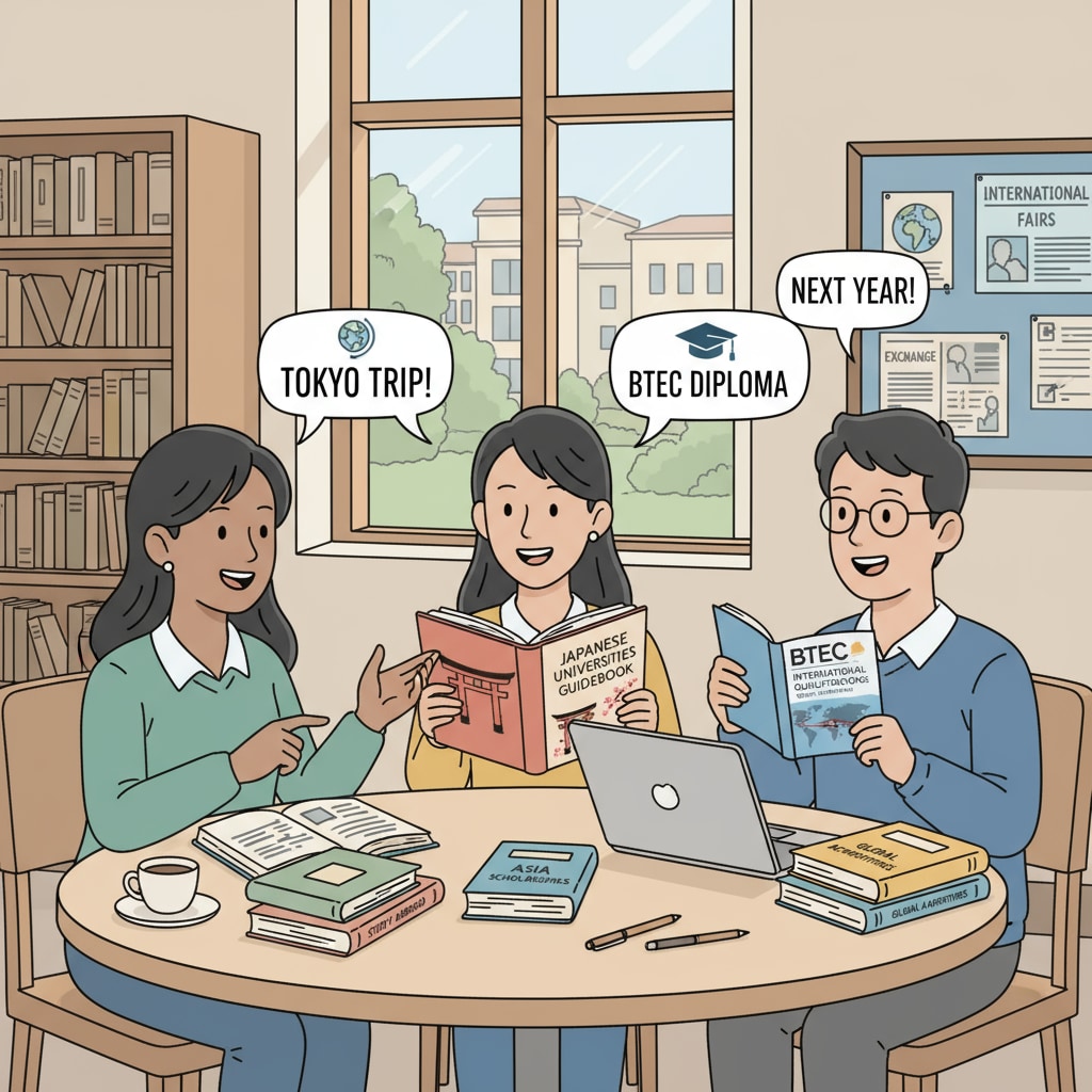 A group of students discussing their study abroad plans, with books about Japanese universities and BTEC qualifications on the table Students discussing Japanese study abroad with BTEC and A-level related books