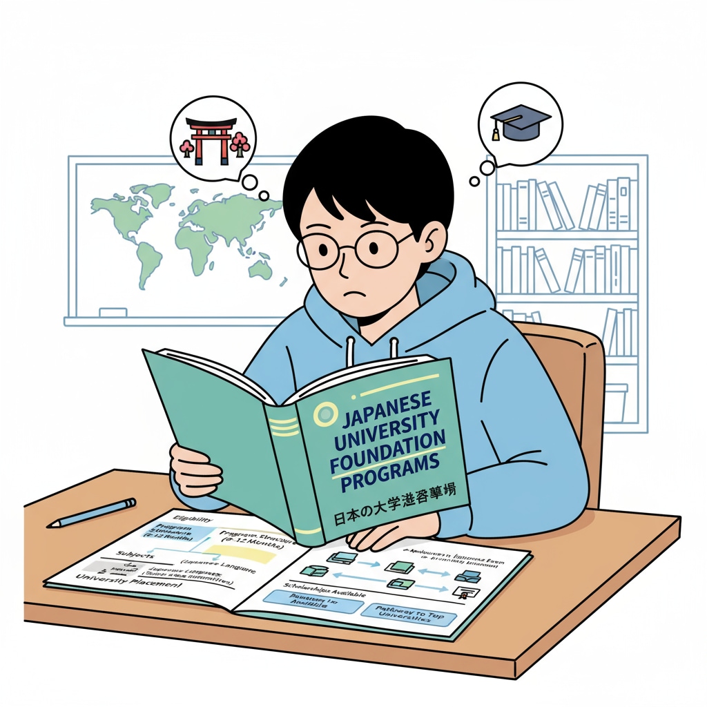 A student looking at information about Japanese university foundation programs Student exploring Japanese university foundation programs with BTEC and A-level considerations
