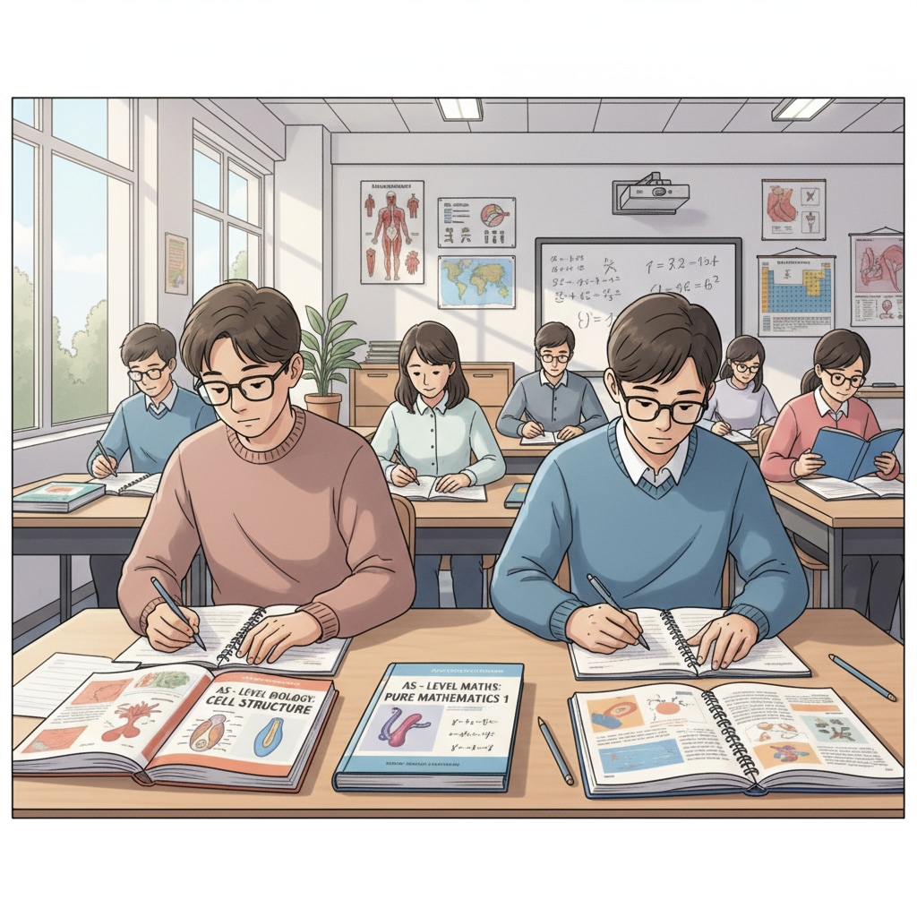 This image depicts students attentively studying AS-Level modules in a classroom setting, with textbooks and notebooks open on their desks. Students studying AS-Level modules for UCAS credits related to A-Levels and foundation year courses