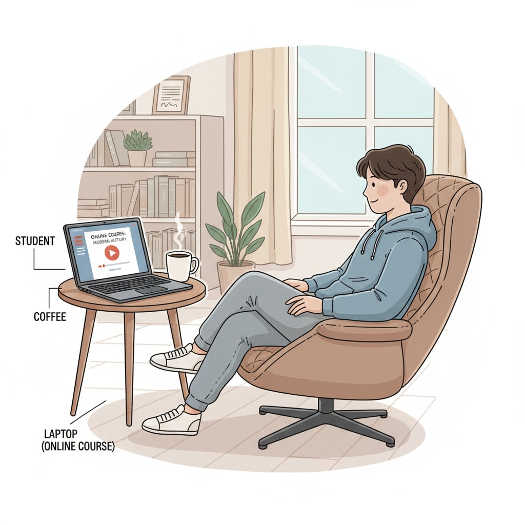 A person is shown sitting in a comfortable chair, focused on studying an online course on a laptop, with a cup of coffee beside them. Person studying an online course to obtain extra UCAS credits for A-Levels and foundation year courses