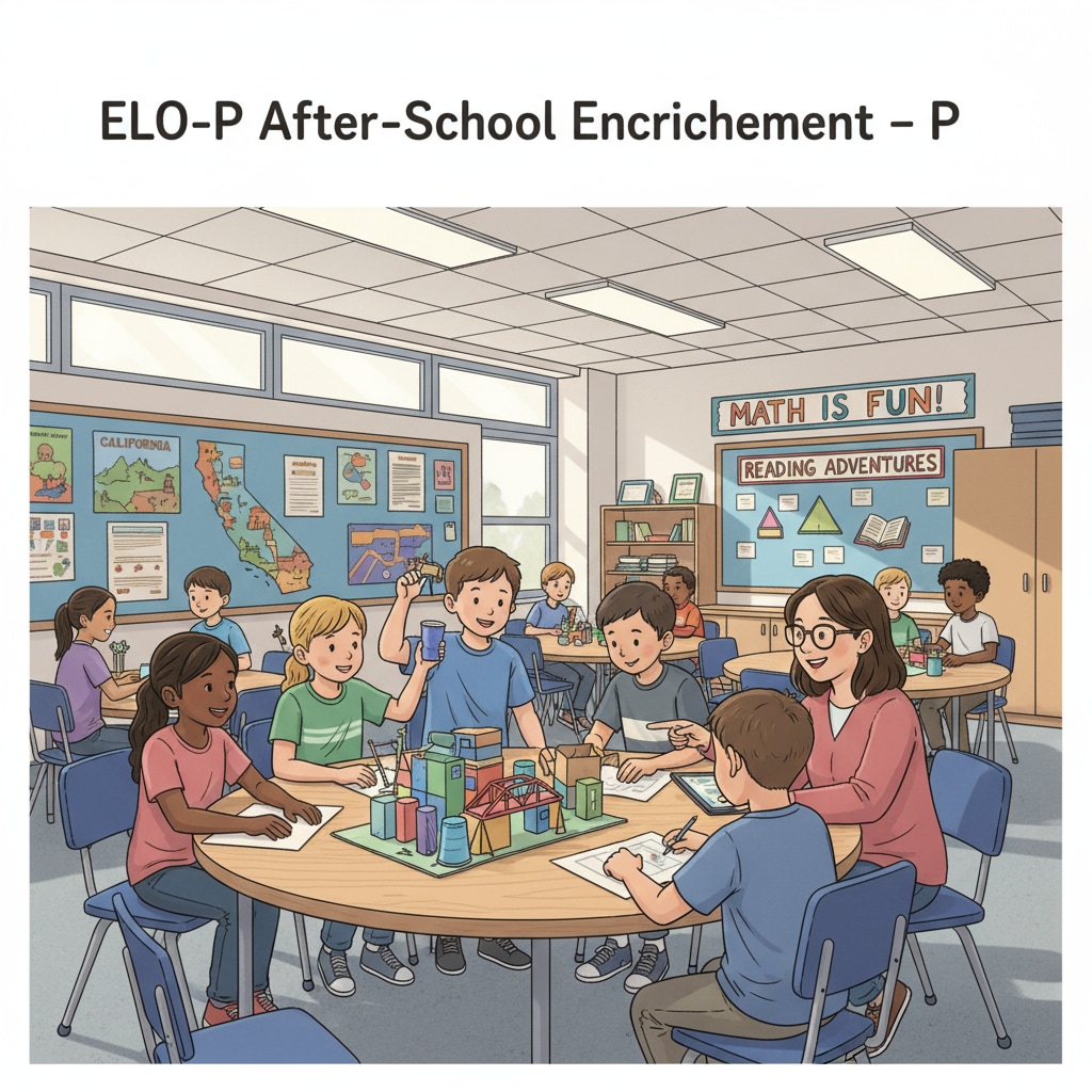 A group of students are actively participating in an after-school activity under ELO-P in a California school classroom. There are educational posters on the walls, and students are collaborating on a project. Students participating in ELO-P activities in a California school