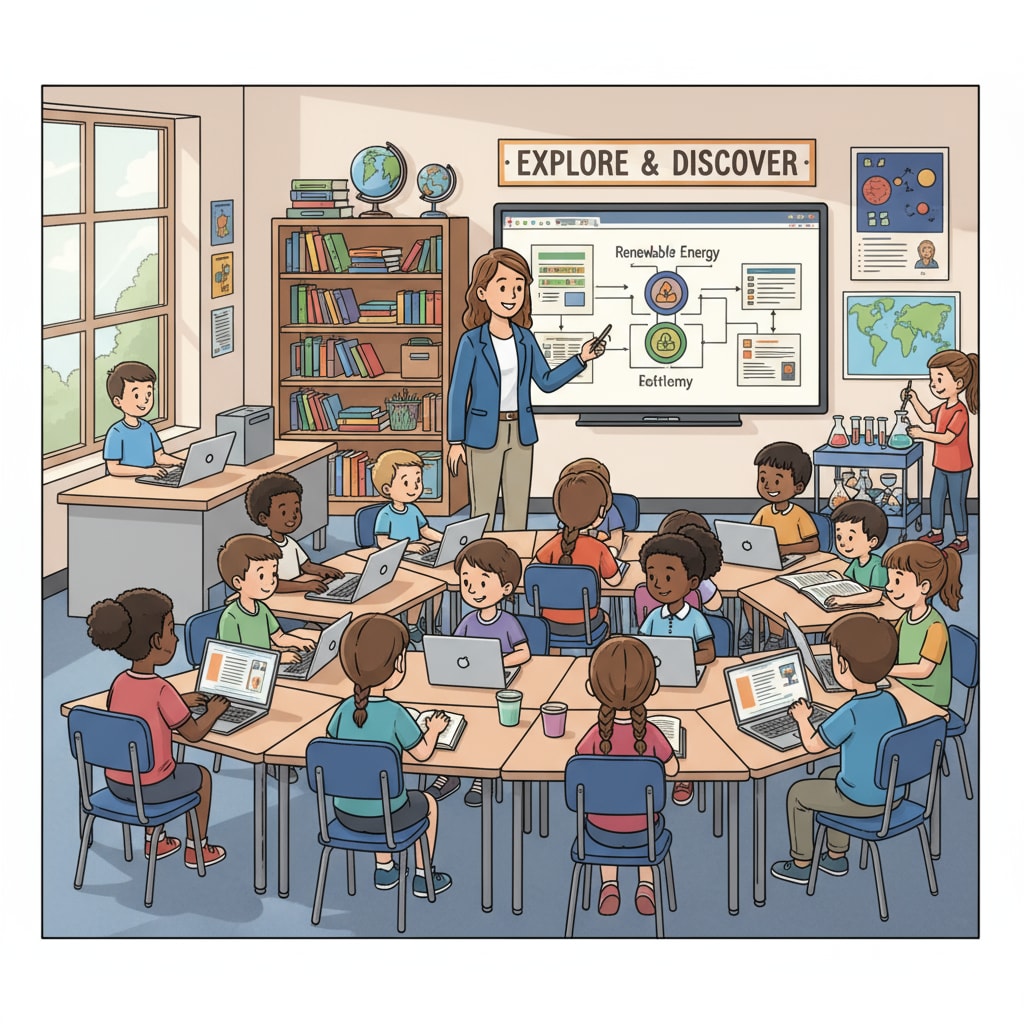 A teacher is standing in front of a classroom filled with students during an ELO-P session. The classroom is equipped with various educational resources such as books, laptops, and science equipment. Teacher instructing students in an ELO-P classroom with educational resources in California