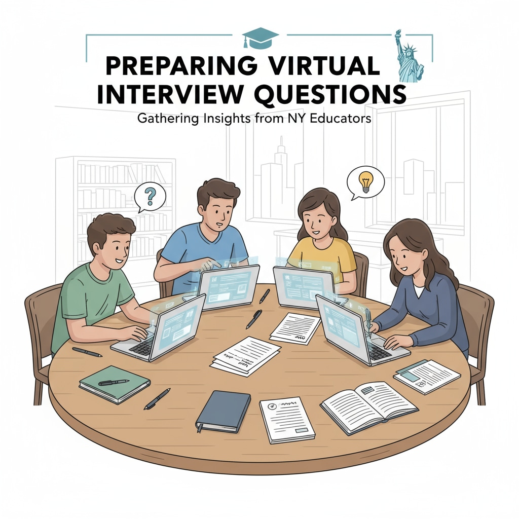 A group of university students are sitting around a table with laptops, preparing questions for virtual interviews with educators from the New York education system. They have papers and pens ready, showing their eagerness to gather valuable insights. University students preparing for virtual interviews in urban education research