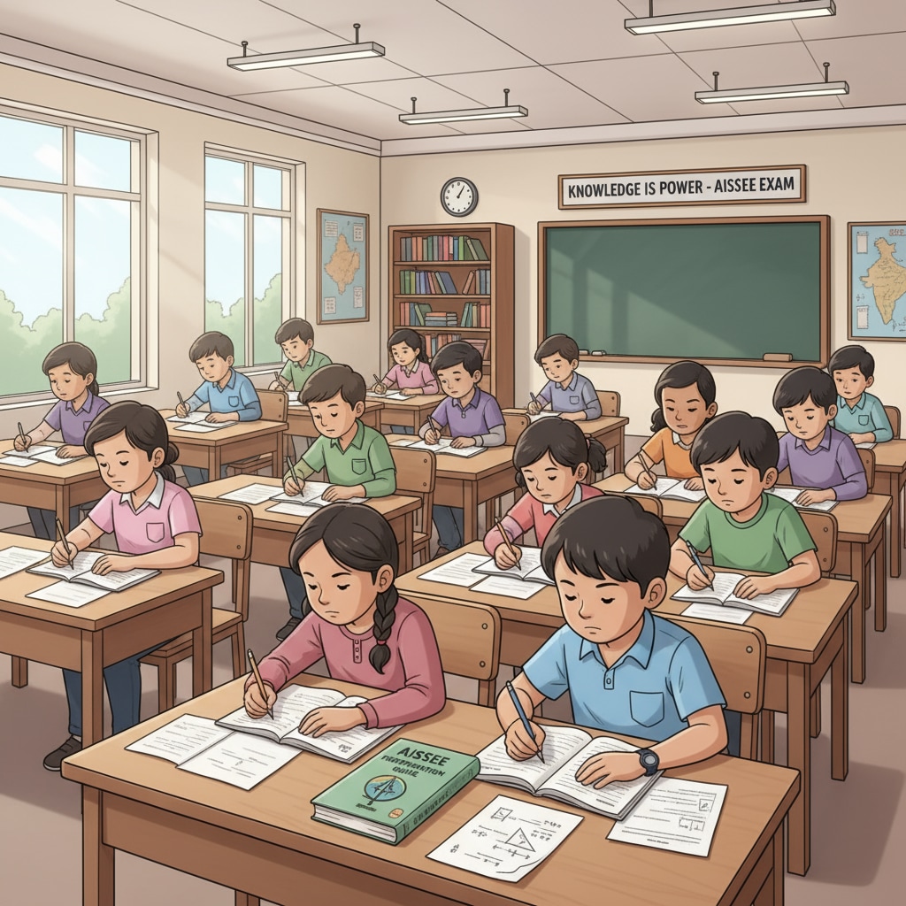 A group of students sitting at desks, poring over books and papers as they study for the AISSEE exam. Students studying for AISSEE exam