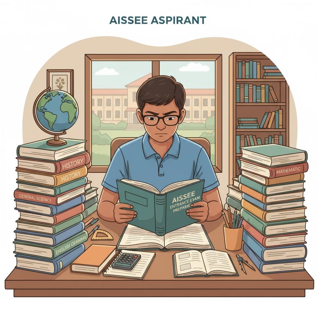 A single student sitting at a table, surrounded by books, reading intently to prepare for the AISSEE. A student reading books to prepare for AISSEE