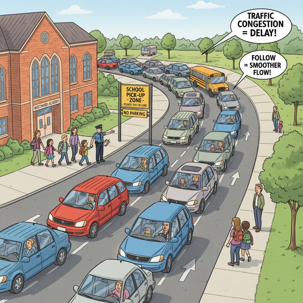 A chaotic scene at a school pick-up area with cars lined up and causing traffic congestion. Traffic congestion at school pick-up area related to school drop-off, traffic, and school bus issues