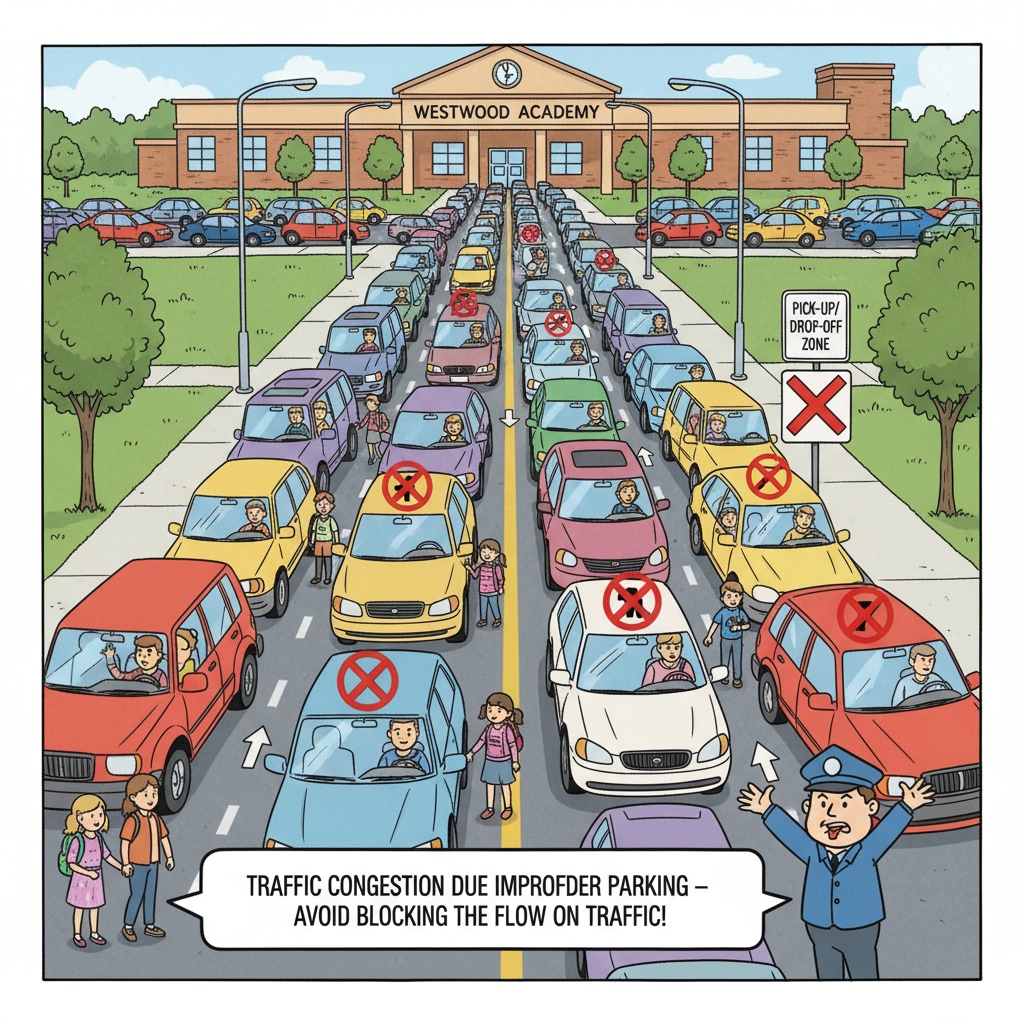 Parents parking their cars haphazardly near a school, blocking the traffic flow. Random parking by parents near school contributing to traffic congestion in school drop-off and pick-up areas