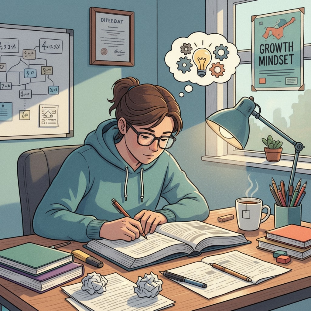 A student is studying hard at home, indicating that the student is making efforts to improve academically. A student making changed efforts by studying hard at home