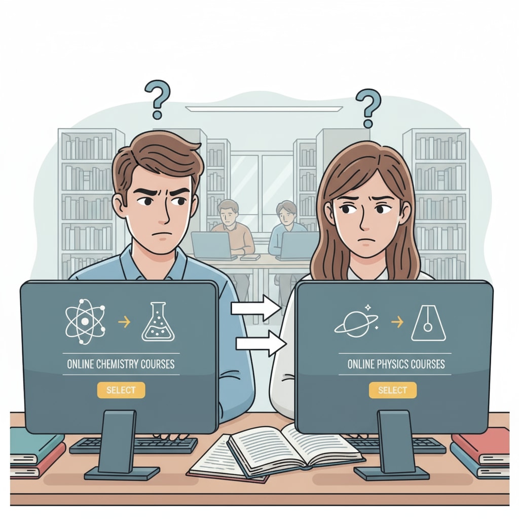 Two students sitting in front of their computers, looking confused while choosing between physics and chemistry online courses Students choosing between physics and chemistry online courses in the context of the health field
