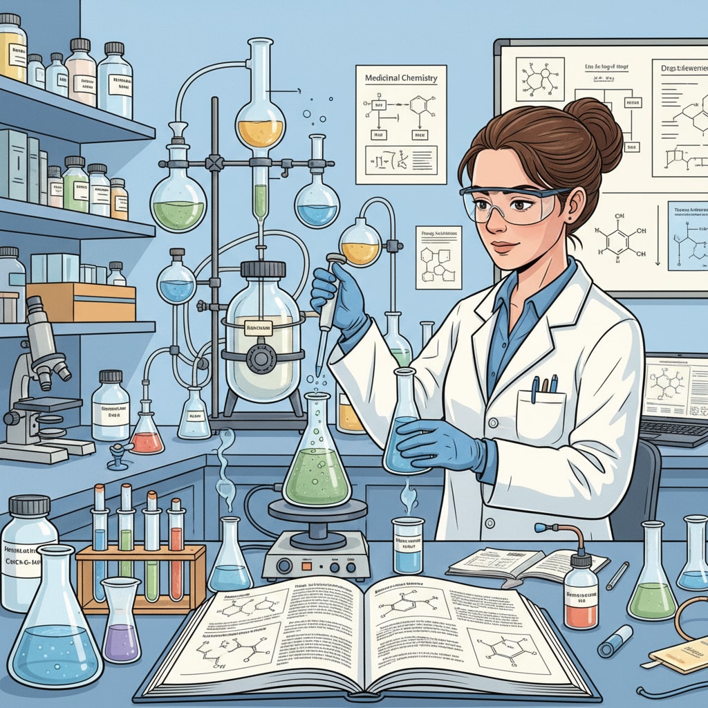 A scientist in a laboratory, conducting chemical experiments related to drug development Scientist conducting chemical experiments for health field applications in the context of online learning