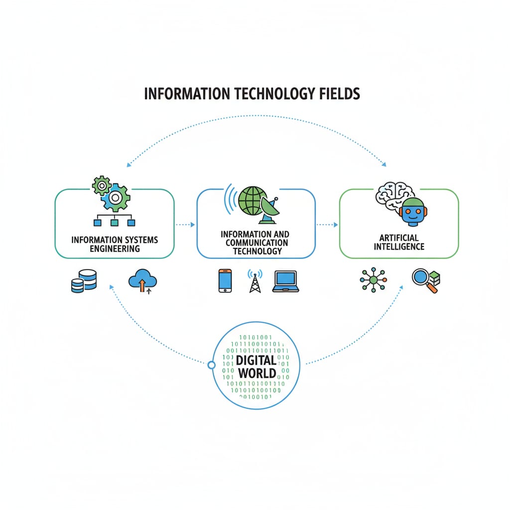 An illustration showing different IT fields, including Information Systems Engineering, Information and Communication Technology, and Artificial Intelligence, with icons representing each area. Illustration of IT fields related to Information Systems Engineering, Information and Communication Technology, and Artificial Intelligence for career choice