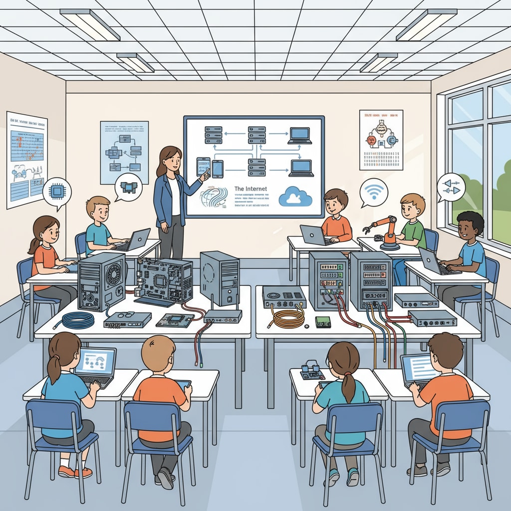 A classroom scene where students are learning about Information and Communication Technology, with computers and networking equipment on display. Students learning Information and Communication Technology for IT career specialization choice