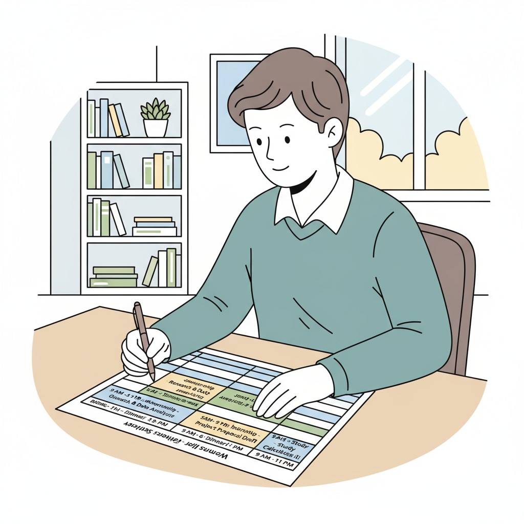 A student is sitting at a desk, looking at a schedule with internship tasks and study hours written on it. The schedule is organized with different time slots for each activity. A student looking at a schedule to balance internship and study time