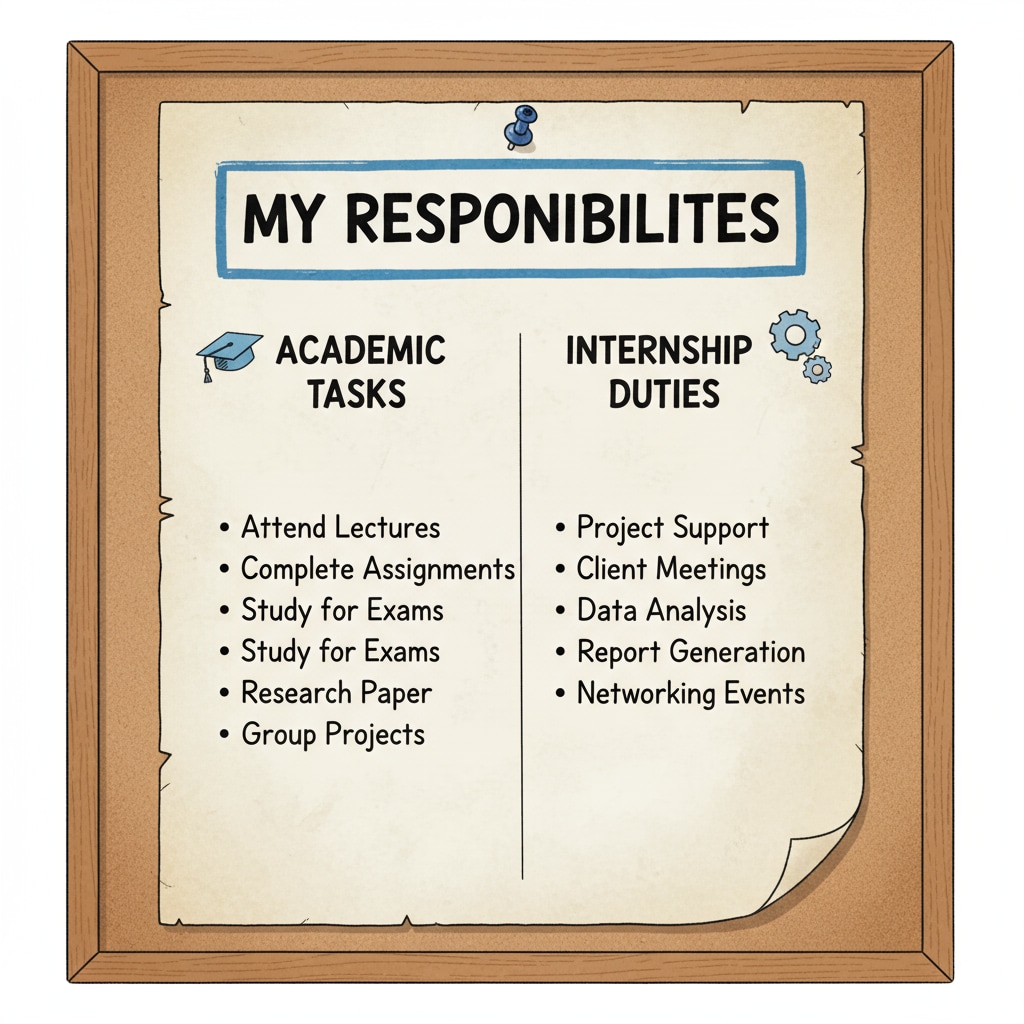 A student is making a list of academic tasks and internship responsibilities on a piece of paper. The list is divided into two columns for easy comparison. A student making a list to manage internship and academic responsibilities