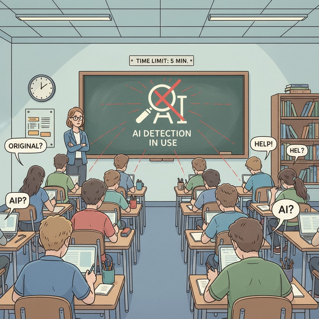 A classroom scene shows students writing with worried expressions as an AI detection tool icon is visible in the background, highlighting the pressure on students in creative writing classes. High school students under pressure from AI detection in creative writing class