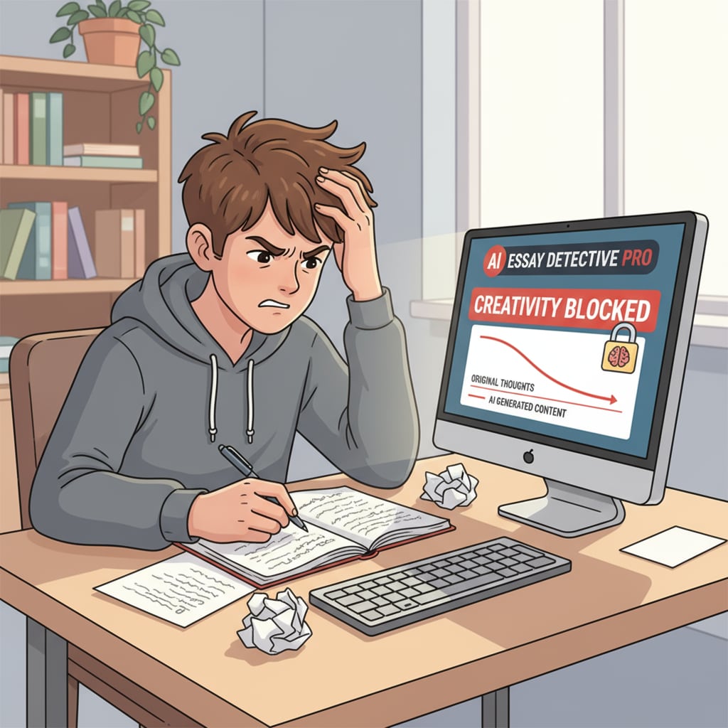 A student is sitting at a desk, looking frustrated while writing an essay, with an AI detection software interface on the computer screen, depicting the stifling effect on creativity. Student's frustration due to AI detection in creative writing