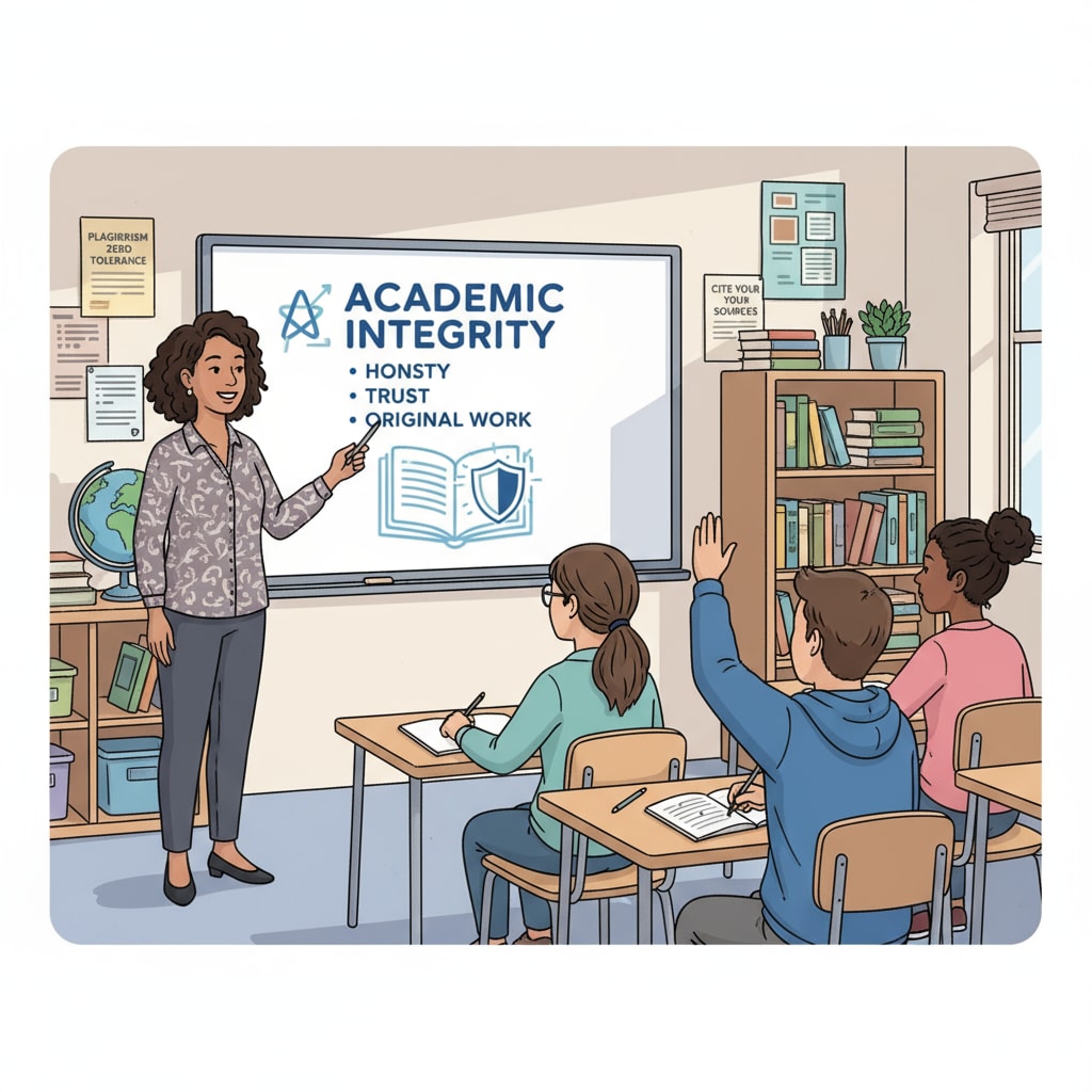 A classroom scene where a teacher is explaining the importance of academic integrity to students Teacher explaining academic integrity in a classroom related to ChatGPT and student cheating