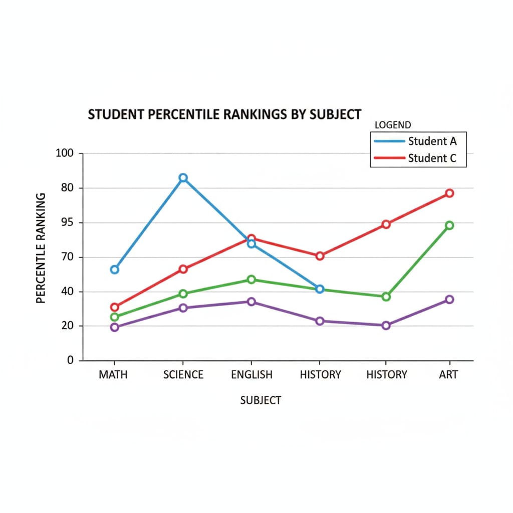 A graph showing percentile rankings of students in different subjects Graph depicting percentile rankings in academic subjects for STAR test