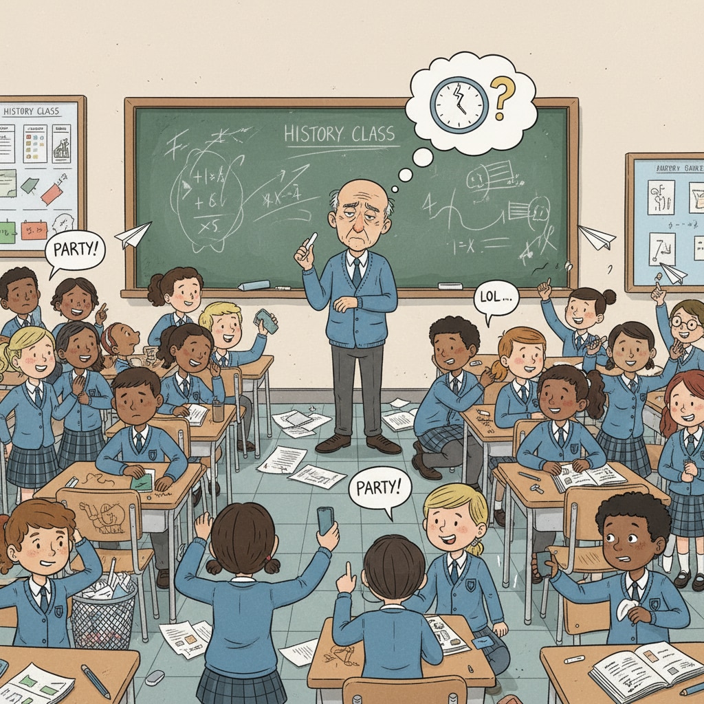 A teacher looking exhausted and frustrated in a classroom full of unruly students. The students are talking loudly, not paying attention to the teacher. A teacher facing student behavior problems and showing signs of lack of support and professional frustration in the classroom.