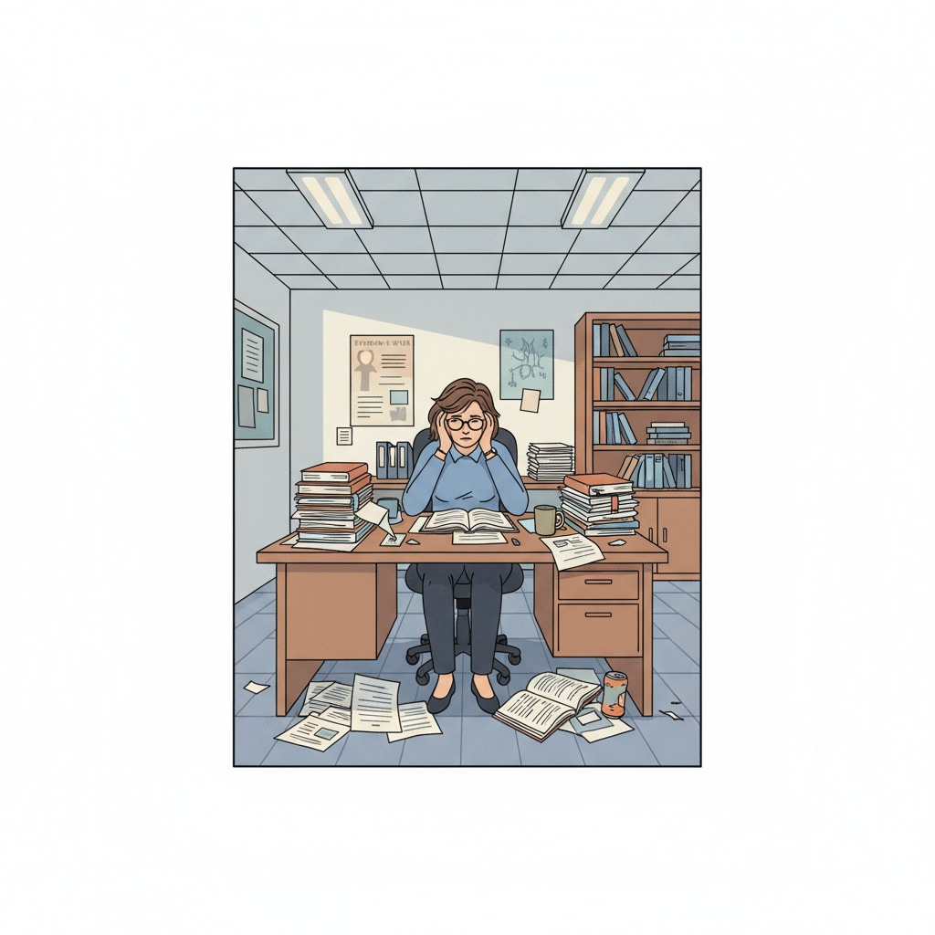 A teacher sitting alone in an empty office, looking stressed. There are papers scattered on the desk, indicating a heavy workload. A teacher experiencing lack of support and professional frustration, sitting alone in an office.