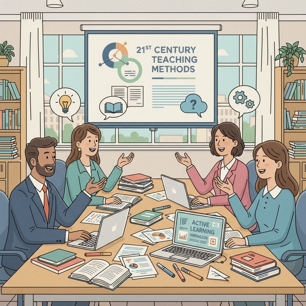 A group of educators are engaged in a lively discussion about teaching methods in a seminar room. There are papers and laptops on the table, indicating their in-depth exploration of educational topics. Educators discussing teaching methods in a seminar related to postgraduate programs and educational technology