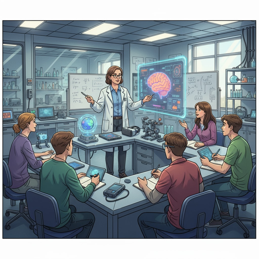 A professor is demonstrating educational technology tools to students in a well-equipped lab. The students are attentively watching and taking notes, showing their eagerness to learn about these new teaching aids. Professor explaining educational technology tools to students in a lab for postgraduate programs focusing on teaching methods improvement