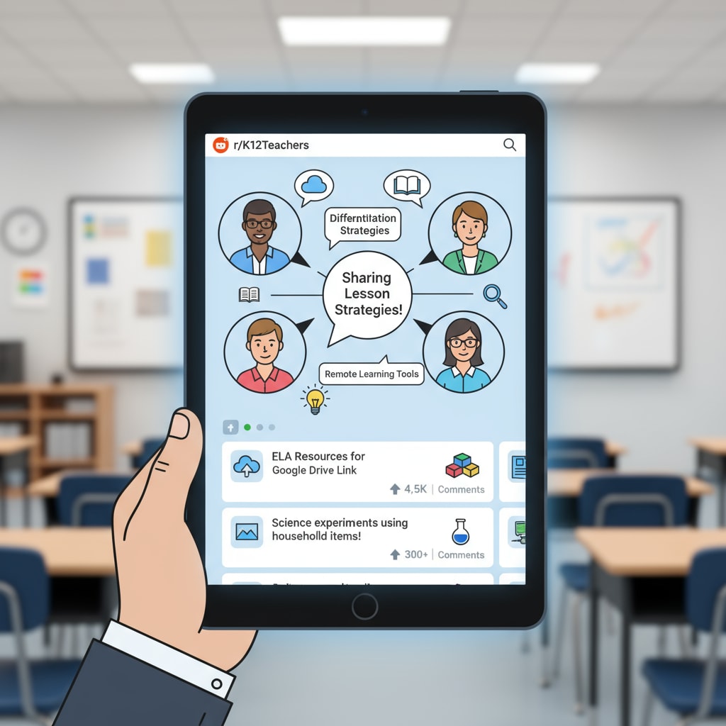 A group of K12 teachers are shown on a digital screen, engaged in a discussion and sharing various educational resources, representing the active participation in Reddit's educational communities. K12 teachers sharing resources on Reddit's educational communities