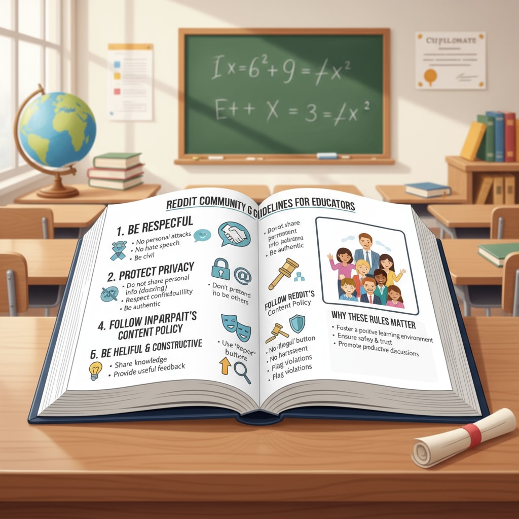 A visual display of Reddit's rules in an educational setting, like a set of guidelines presented in a clear and organized way to help teachers understand proper behavior within the community. Visual representation of Reddit's rules for educational communities