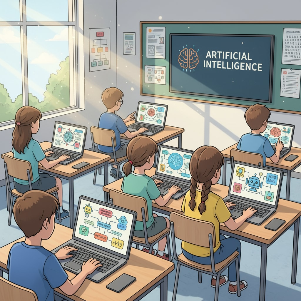 A scene showing students in a classroom setting, some typing on keyboards while others look at laptops with AI-related content. Students using keyboards and laptops with AI-generated text and AI detector interfaces
