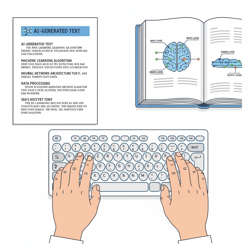 A detailed view of a person's hands actively typing on a keyboard, with a document containing AI-generated text nearby. Person manually typing AI-generated text