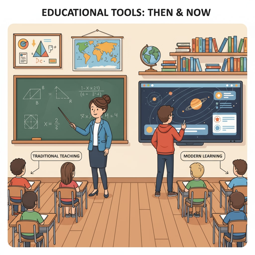 A classroom scene showing a blackboard on one side and a digital screen on the other, highlighting the coexistence of traditional and modern teaching elements. A classroom with traditional blackboard and modern digital screen representing teaching methods, technology, and traditional tools.