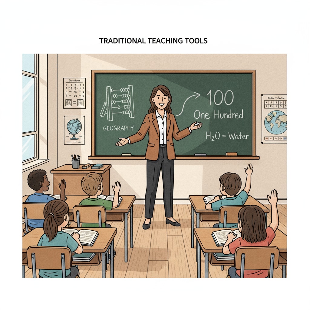A teacher is writing on a blackboard, demonstrating a traditional teaching tool in use. A teacher using a traditional blackboard as a teaching tool in an educational setting.