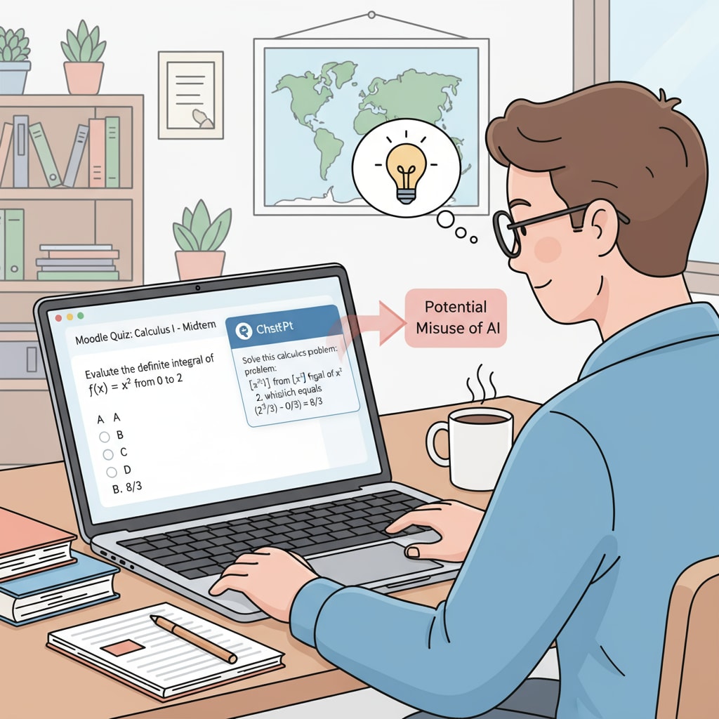An illustration depicting a scenario where a student is taking an online quiz on Moodle while having the ChatGPT interface visible on the side, highlighting the potential misuse of AI during online assessments. A student taking a Moodle online quiz with ChatGPT interface visible