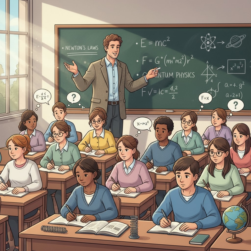 A physics teacher is actively teaching in the classroom, writing important formulas and concepts on the blackboard, while students are attentively listening and taking notes. A physics teacher engaged in teaching during graduate education with evening courses in mind
