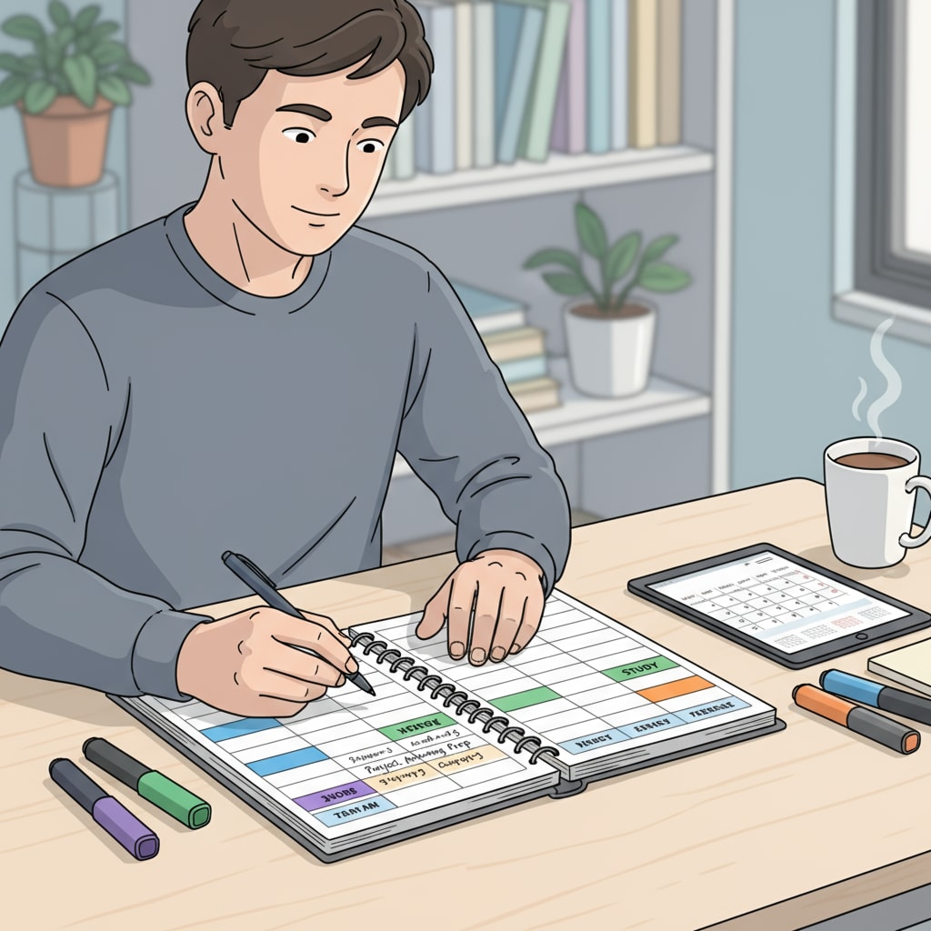 An individual is carefully using a planner to write down daily tasks, with different time slots allocated for various activities such as work, study, and personal time. Using a planner for effective time management in graduate education for physics teachers with evening courses