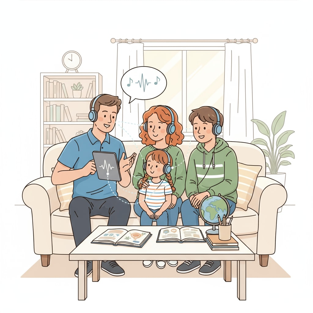 A family is sitting on the couch, listening to a podcast together with smiles on their faces. A family enjoying the