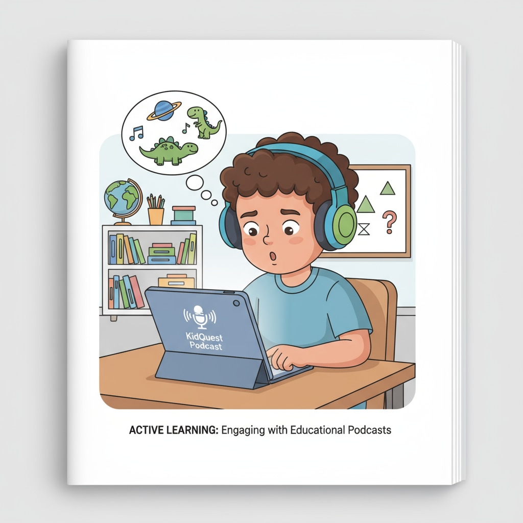 A young child is wearing headphones, listening intently to a podcast with a curious expression. A child engaged with the