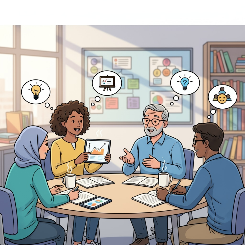 A group of teaching assistants are having a discussion with a mentor, sharing their ideas and experiences related to teaching. Teaching assistants discussing with a mentor for MAT program application