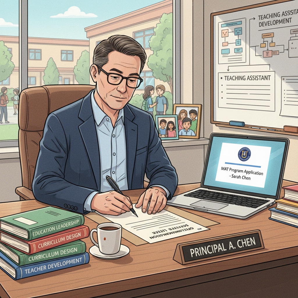 A principal is sitting at a desk, writing a recommendation letter for a teaching assistant who is applying to a MAT program. Principal writing a recommendation letter for teaching assistant's MAT program application