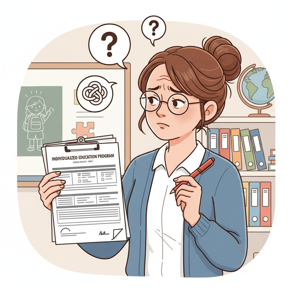 A special educator is seen with a furrowed brow, holding an IEP document, looking confused as if trying to make sense of its contents. A special educator struggling to understand an IEP document